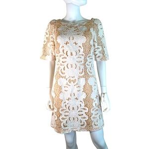 Tracy Reese Ivory White Linen Lace Overlay Dress Nude Lining Sz 6 Sheath wedding